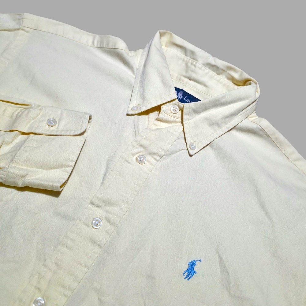 Polo Ralph Lauren Pale Yellow Button Down Shirt Mens Large 100% Cotton Blue Pony